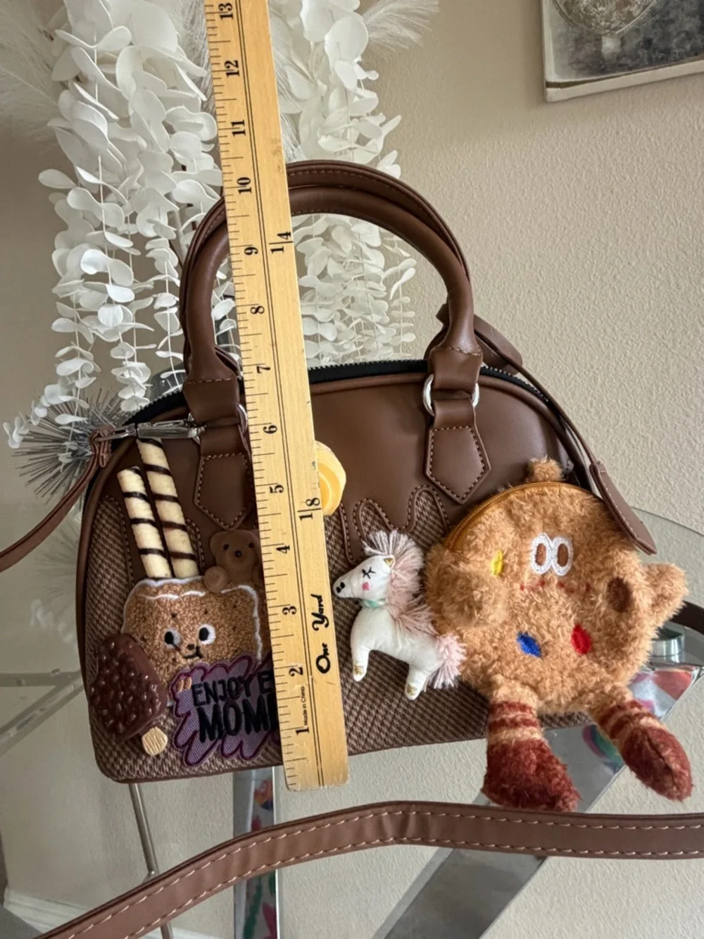 Brown Faux-Leather Handbag with Decorative Charms